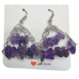 Handmade Amethyst Chip Stone Dangle Earrings Purple